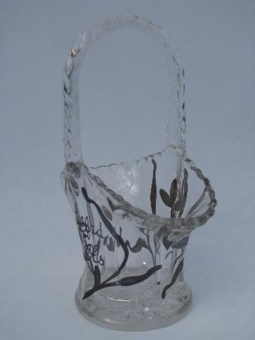 hand-painted silver deposit glass basket, vintage Niagara Falls souvenir