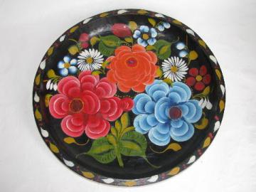 hand-painted vintage wood bowl, Mexico batea tray, flowers on black, 13 1/2'' diameter