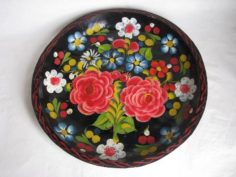 hand-painted vintage wood bowl, Mexico batea tray, flowers on black, 15'' diameter