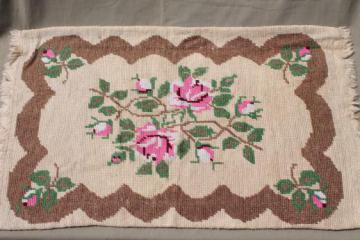 hand-stitched needlepoint rug, vintage pink roses throw rug, cottage chic