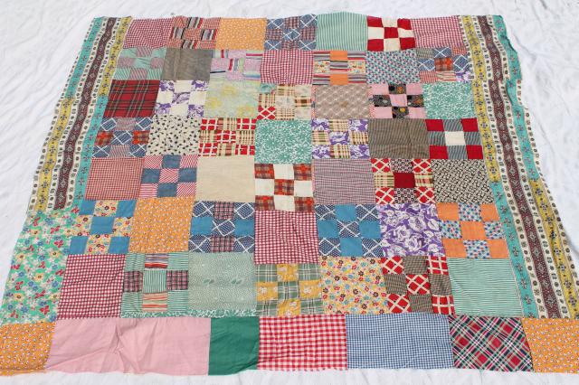 hand-stitched patchwork quilt top, a rainbow of colorful vintage cotton print scrap fabric