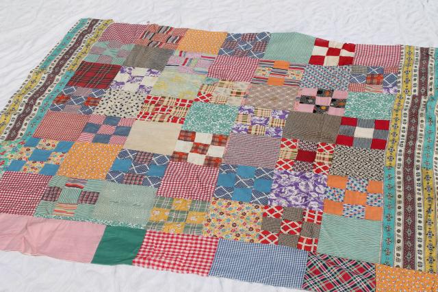 hand-stitched patchwork quilt top, a rainbow of colorful vintage cotton print scrap fabric