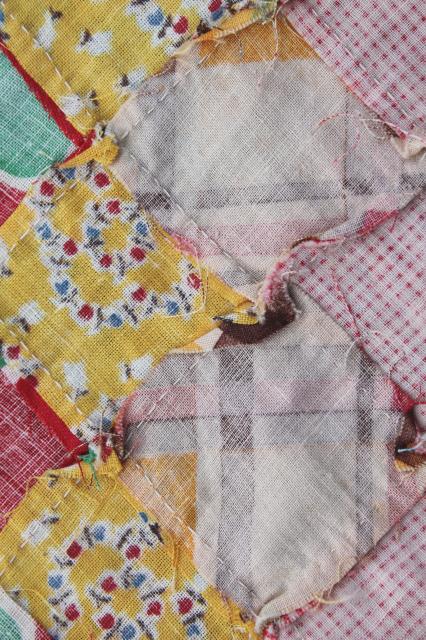 hand-stitched postage stamp patchwork mini blocks quilt top, all vintage cotton print fabric