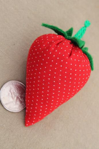 hand-stitched stuffed strawberries in wicker berry basket, folk art strawberry basket