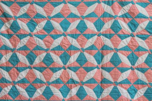 hand-stitched vintage cotton quilt, pinwheel star quilt in apricot & aqua