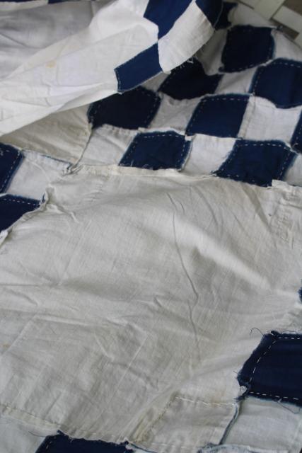 hand-stitched vintage patchwork quilt top, country primitive checkered navy blue white