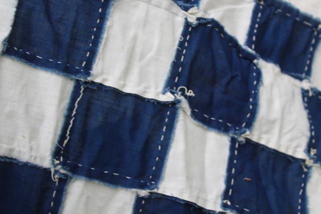 hand-stitched vintage patchwork quilt top, country primitive checkered navy blue white