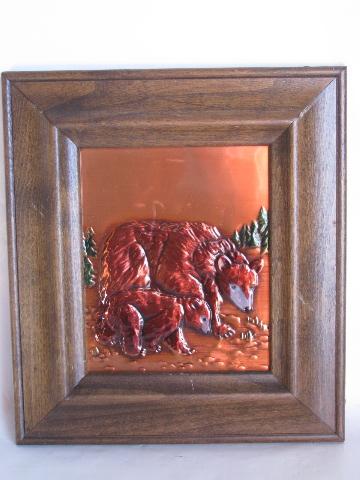 hand-tinted tooled copper pictures, bear & squirrel for rustic lodge or cabin