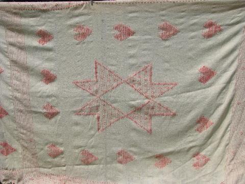 handwoven pure wool vintage bedspread bed cover, ivory w/ pink hearts