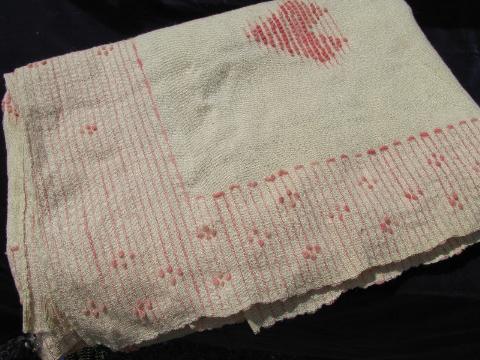 handwoven pure wool vintage bedspread bed cover, ivory w/ pink hearts