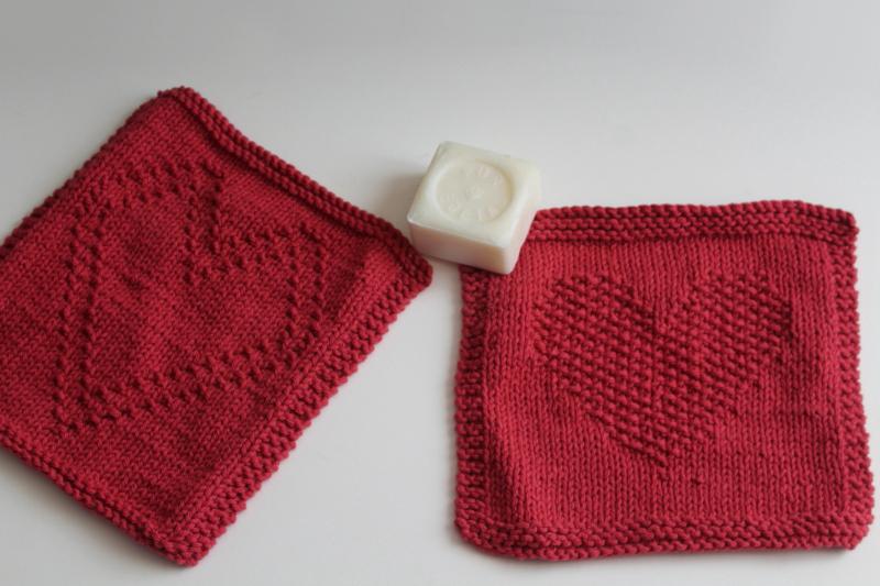 heart pattern hand knit barn red cotton yarn dish cloth wash cloths