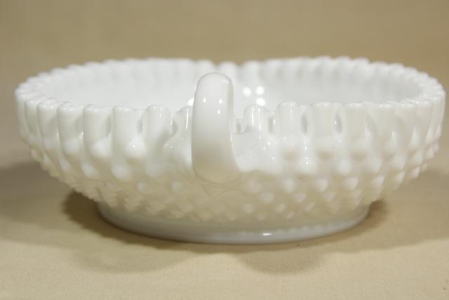 heart shaped nappy vintage Fenton hobnail milk glass, crimped candy dish or nut bowl