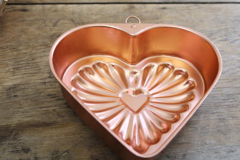 vintage pink copper colored aluminum heart shaped jello mold or cake pan,  kitchen wall hanging