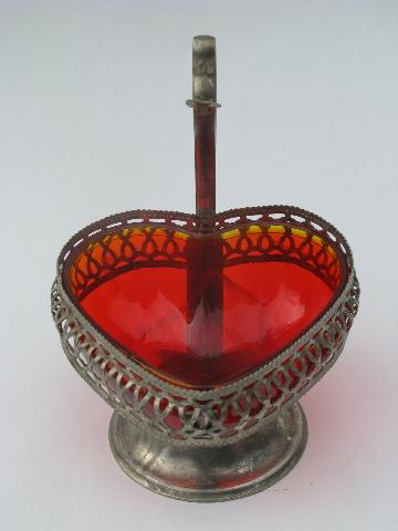 heart shaped vintage sheffield silver plate preserves dish w/ red glass bowl