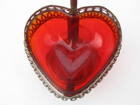 heart shaped vintage sheffield silver plate preserves dish w/ red glass bowl