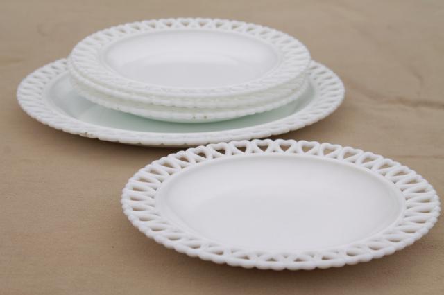 hearts border lace edge milk glass dessert set plates, vintage Westmoreland?