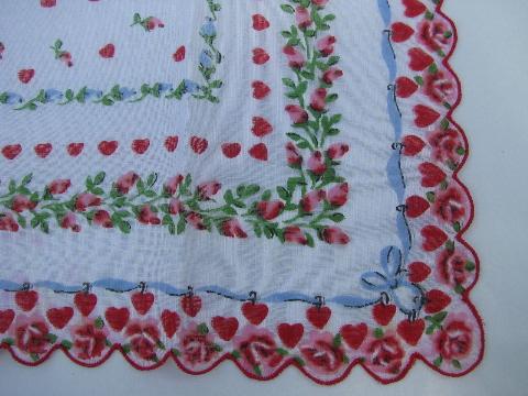hearts border printed cotton handkerchief, vintage Valentine hanky