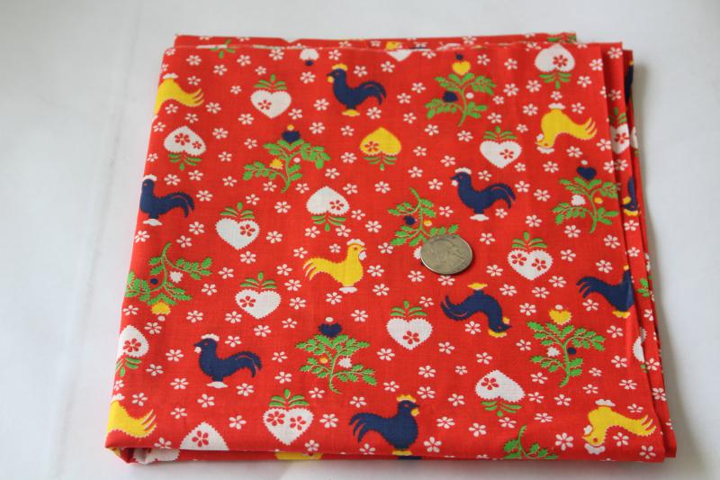 hearts & roosters print fabric 1950s vintage quilting weight cotton primary colors