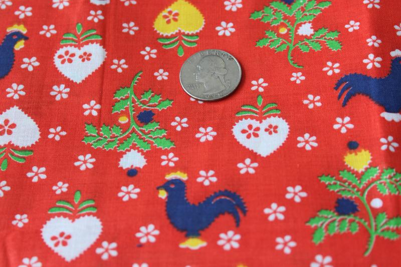 hearts & roosters print fabric 1950s vintage quilting weight cotton primary colors