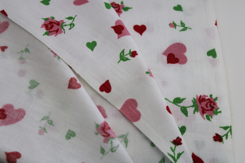hearts  roses print cotton fabric, mid-century vintage Valentines pink  red on white