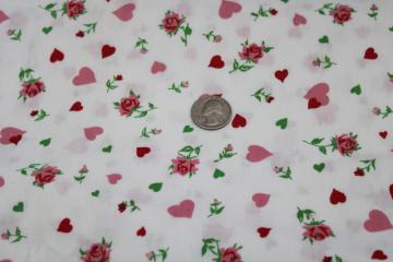 hearts  roses print cotton fabric, mid-century vintage Valentines pink  red on white