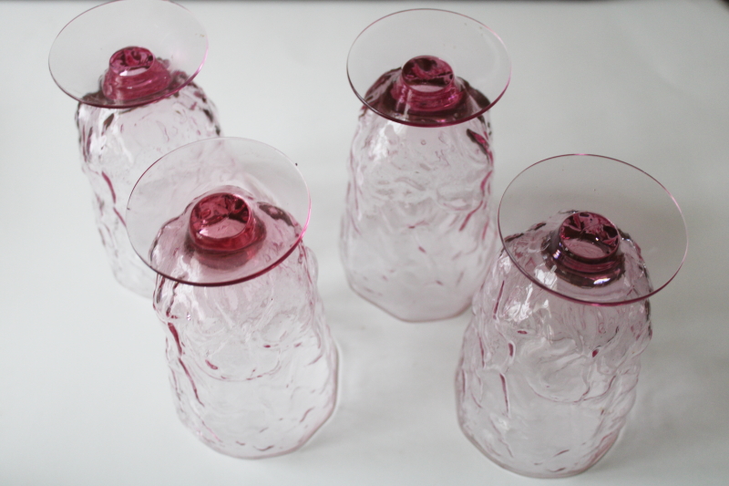 heather pink glass mod vintage drinking glasses set, driftwood crinkle texture tumblers