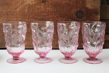 heather pink glass mod vintage drinking glasses set, driftwood crinkle texture tumblers