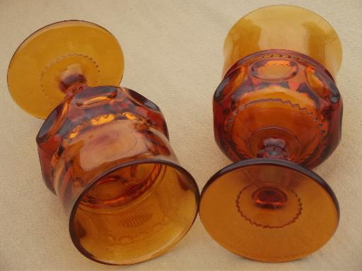 heavy amber glass wine glasses, 8 vintage King's Crown pattern goblets