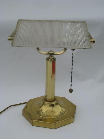 heavy brass banker's light desk lamp, ribbed prismatic glass shade