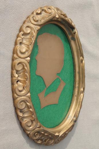 heavy carved vintage gold Burwood oval frame w/ cut paper silhouette picture