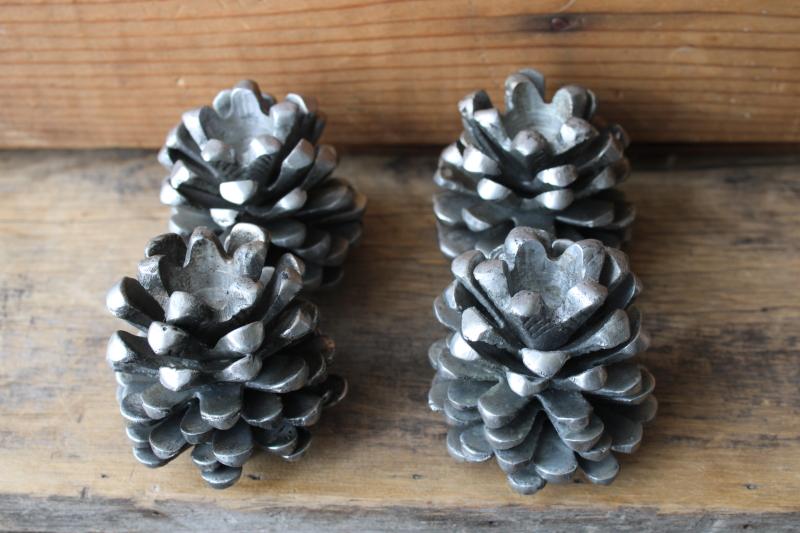 heavy cast metal pinecones, pine cone candle holders silver tone pewter look aluminum