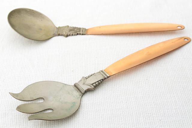 heavy gothic hand wrought copper / silver salad servers, rustic farmhouse vintage 