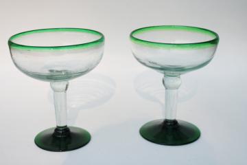 heavy hand blown bubble glass margarita glasses, emerald green rim & foot