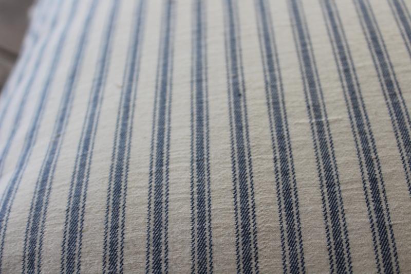 heavy old chicken feather pillow, vintage indigo blue striped cotton ticking fabric cover