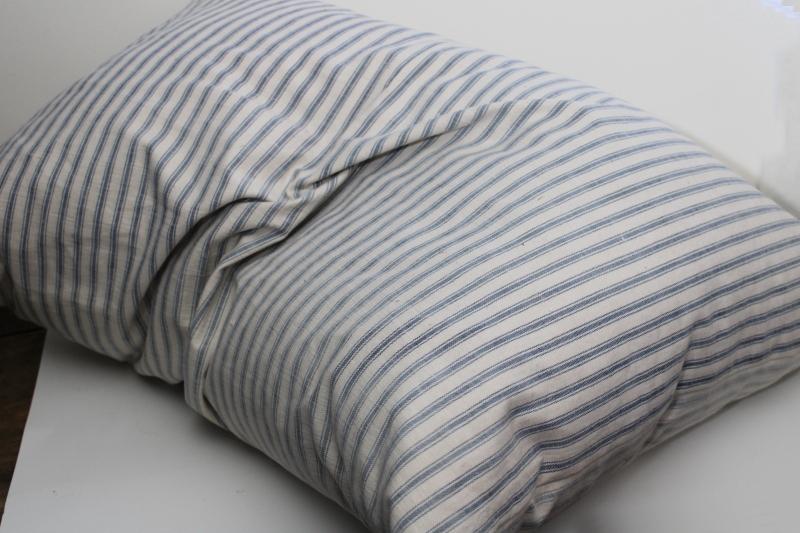 heavy old feather pillow, vintage indigo blue striped cotton ticking fabric