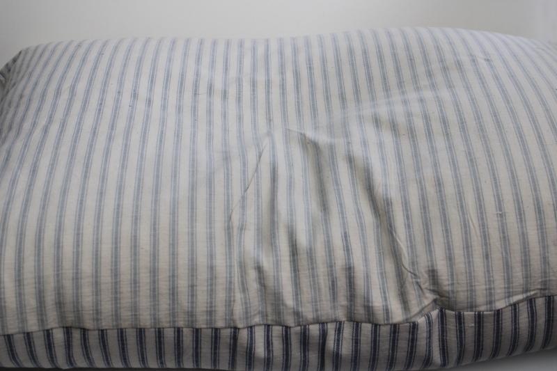heavy old feather pillow, vintage indigo blue striped cotton ticking fabric