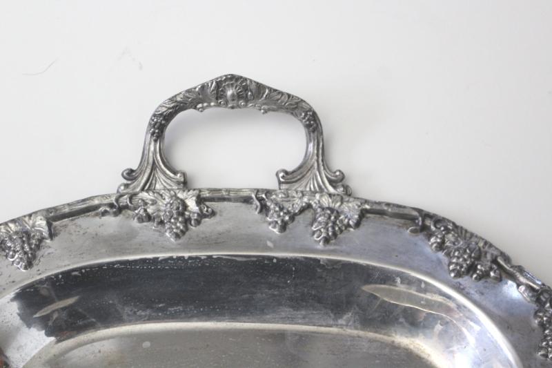 heavy old ornate silver plate meat platter, handled serving tray for roasts or game