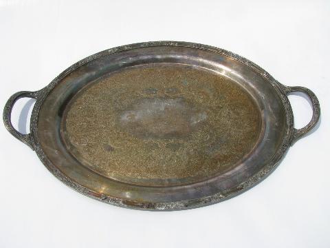 heavy old sheffield plate tray w/ handles, silver over brass or copper, 1920s vintage