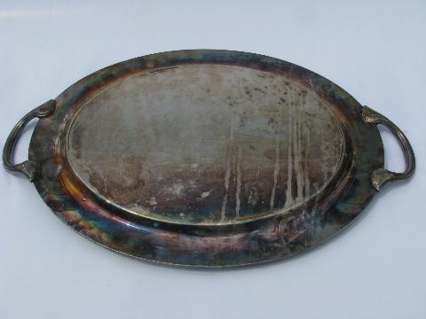 heavy old sheffield plate tray w/ handles, silver over brass or copper, 1920s vintage
