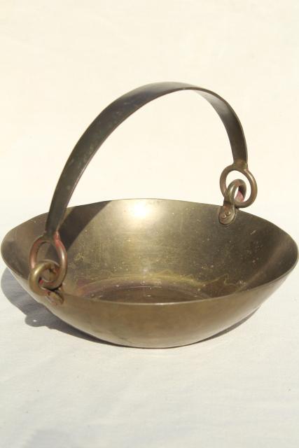 heavy old solid brass basket or scale pan w/ handle, rustic industrial primitive