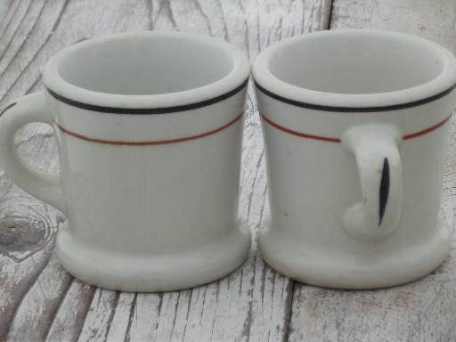 heavy old white ironstone mugs, black & tan band railroad china coffee cups