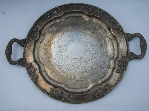 heavy ornate old silver plate tray w/ handles, harvest grapes border