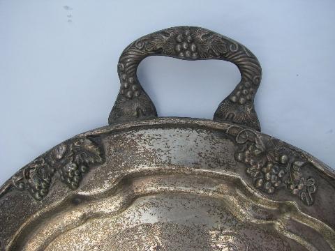 heavy ornate old silver plate tray w/ handles, harvest grapes border
