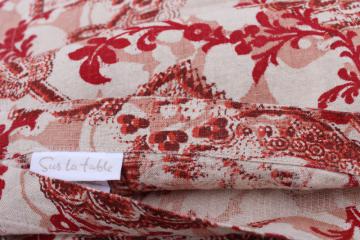 heavy pure linen tablecloth, rustic natural flax  red print Sur le Table label