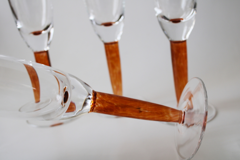 heavy rustic hand blown stemware, champagne flute glasses w/ tortoise shell glass stems