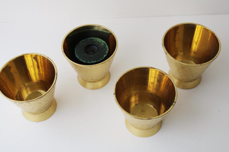 heavy solid brass candle holders, vintage set of footed cups polished hammered brass 