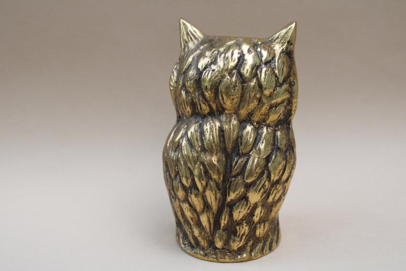 heavy solid brass owl paperweight, vintage Japan figurine wise old owl