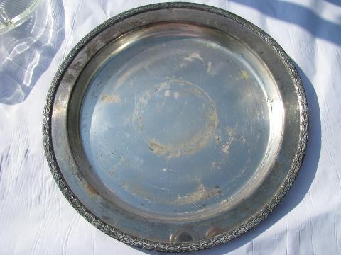 heavy vintage silver over copper tray, glass relish dish liner plate