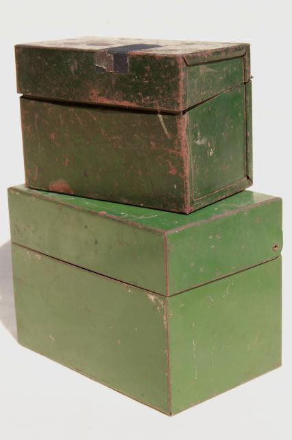 heavy vintage steel card file boxes w/ worn green paint, industrial machine age office storage