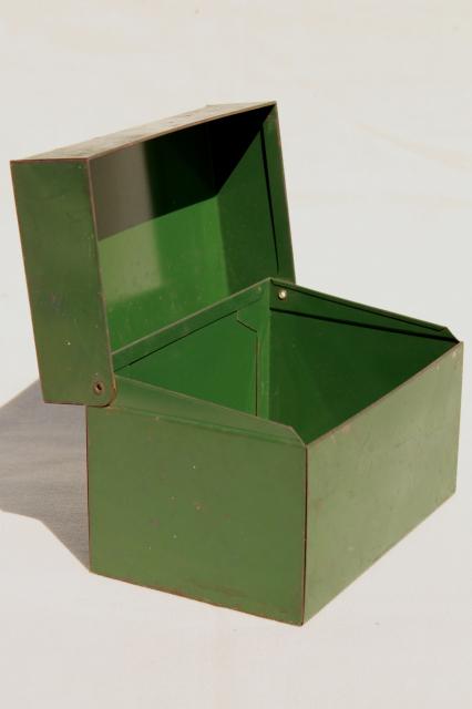 heavy vintage steel card file boxes w/ worn green paint, industrial machine age office storage